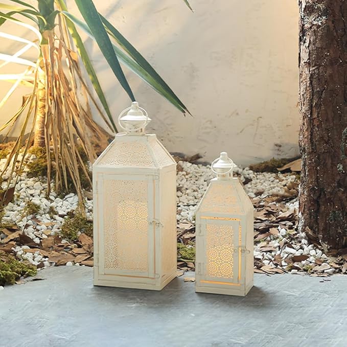 NEEDOMO 2Pack Outdoor Lantern, 16" Large White Candle Lanterns Decorative Indoor, Metal Frame with Glass, Vintage Farmhouse Lantern Decor for Front Porch, Garden, Patio, Pathway, Balcony,Yard
