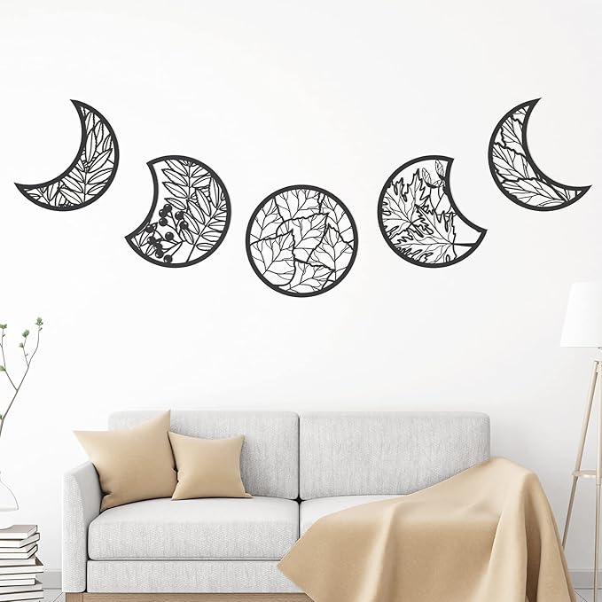Jetec 5 Pcs Moon Phase Wall Art Decor Wall Pediments Hanging Wooden Moon Phase Spiritual Bedroom Nordic Boho Lunar Aesthetic Art for Living Room Dorm Apartment Bar Ornament(Black,10.6 Inch)