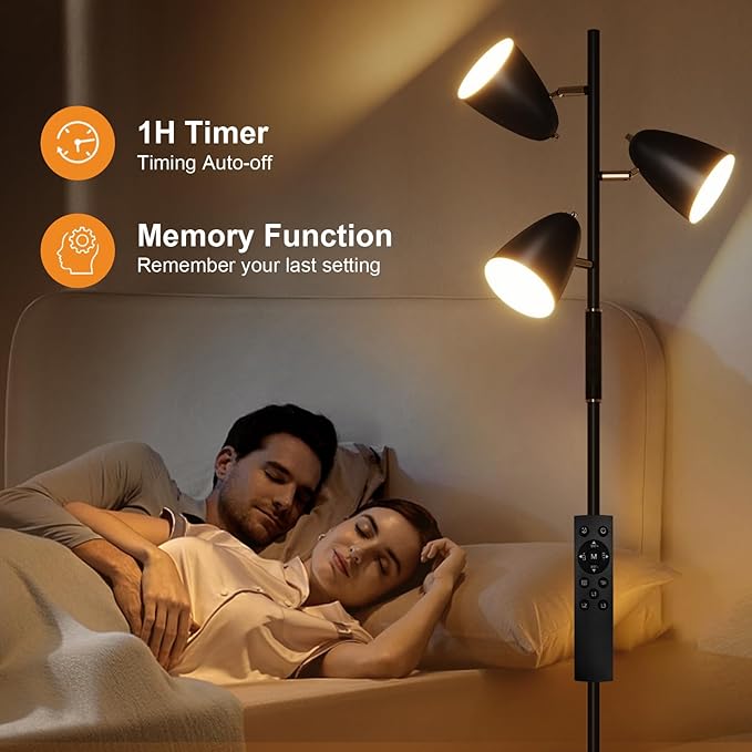 QiMH LED Floor Lamp for Living Room, Modern Dimmable Standing Lamp with 4 Color Temperature,Remote and Touch Control, Tree Floor Lamp for Bedroom with 3 Rotatable Lights Bright Stand up Lamp, Black