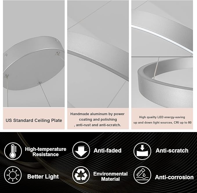 Room Decor Modern LED Chandelier 23.62'' Dimmable 1-Ring Chandelier 76W Circular Pendant Light for Dining Room Kitchen Island Bedroom, 6000K, Silver UL Listed