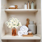 Artificial Daisy Flowers in Amber Glass Vase with Faux Water,9Pcs White Artificial Silk Flowers with Stems for Centerpiece (Daisy)