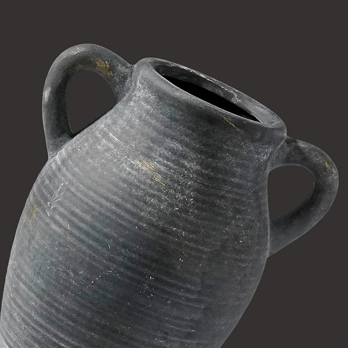 Sunddo Black Vases Home Decor, Rustic Farmhouse Ceramic Vase with 2 Handles, Vintage Stone Pottery Decorative, Living Room, Shelf Enterway, Wedding, Table Decor