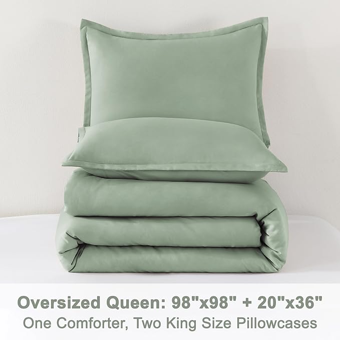 Litanika Oversized Queen Comforter Set, 3 Pieces Sage Green Lightweight Solid Bedding Comforter Set, All Season Fluffy Bed Set (98x98In Comforter & 2 Pillowcases)