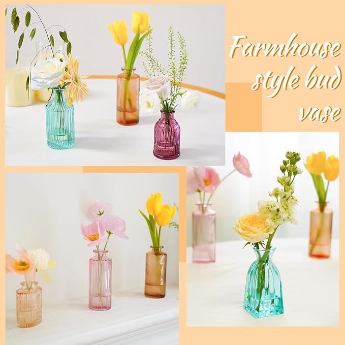 12PCS Mixed Colored Bud Vases Small Glass Vases for Flowers Colorful Vintage Flower Vase for Centerpieces Aesthetic Glass Bottles Bulk Wedding Baby Shower Home Decorations Gifts