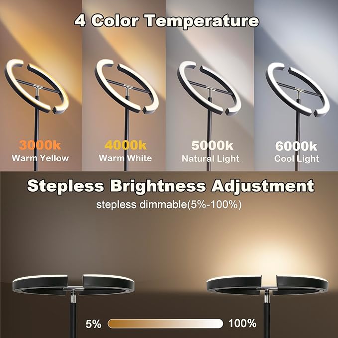Floor Lamp for Bedroom,Stepless Dimmable Standing Lamp, 3000-6000K,Rotatable Reading Light with Touch and Remote Control, Modern LED Floor Lamps for Living Room Office