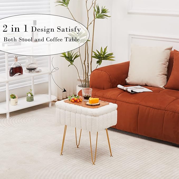 Wimarsbon Storage Ottoman, Vanity Stools with Metal Legs, 16.5" x 11.8" x 18" Modern Faux Mink Fur Footstool, Makeup Chair with Anti-Slip Feet, Accent Table,Footrest,Storage Bench for Bedroom