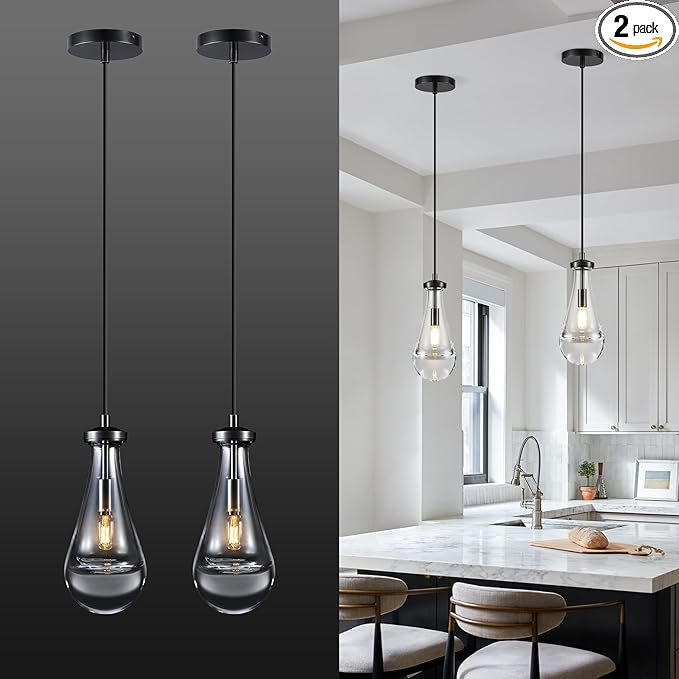 2 Pack Pendant Light for Kitchen Island, Raindrop Black Modern Crystal Glass Pendant Lights, Pendant Lights in Kitchen Island, E12 Bulb Indoor Island Pendant Lights,for Dining Room,Living Room