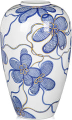Blue and White Ceramic Vase for Home Decor – Hand-Painted Porcelain Flower Vase with Gold Accents – Chinoiserie-Inspired Home Decor Vase – 11" for Table, Shelf, or Mantel