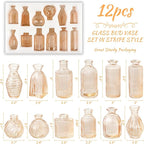 Champagne Bud Vases Set of 12 Amber Glass Vase for Decor Centerpieces, Small Ribbed Vases for Flowers Stripe Modern Bud Vases in Bulk Vintage Vases for Floral Wedding Party Table Decoration Home Decor