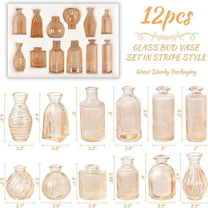 Champagne Bud Vases Set of 12 Amber Glass Vase for Decor Centerpieces, Small Ribbed Vases for Flowers Stripe Modern Bud Vases in Bulk Vintage Vases for Floral Wedding Party Table Decoration Home Decor
