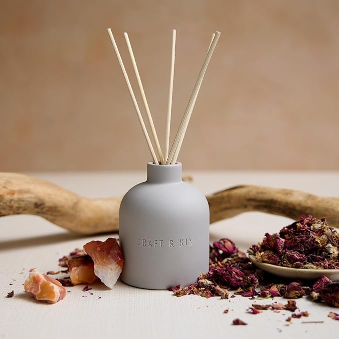 Craft & Kin Reed Diffuser for Home & Bathroom – Rose & Oud Reed Diffuser Set with Fragrance Sticks, Long-Lasting Alcohol-Free Scent, Fall Earthenware Collection, 6.7oz