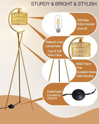 Lightdot Tripod Floor Lamp for Living Room, Gold Standing Lamp with E26 LED Bulb, Rattan Boho Floor Lamp, Farmhouse Tall Lamp for Bedroom, Arced Reading Light with Rattan& Linen Double Shades