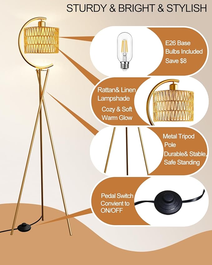 Lightdot Tripod Floor Lamp for Living Room, Gold Standing Lamp with E26 LED Bulb, Rattan Boho Floor Lamp, Farmhouse Tall Lamp for Bedroom, Arced Reading Light with Rattan& Linen Double Shades