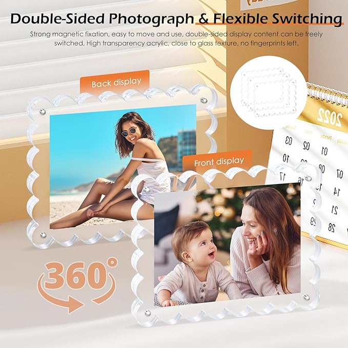 Magnetic Photo Frame 6×8Inch -3Pack Acrylic Scalloped Glass Frames, 12+12mm Thick Double-Sided Design, Clear Picture Frame with Thick Block | Trendy Home Gift Set Stylish Acrylic Frames (3Pack, 6×8)