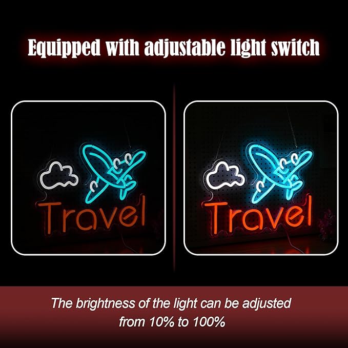 Travel Neon Sign USB Airplane LED Light Up Sign for Wall Decor Dimmable 12.2 * 16.5 In Go To Tranel Neon Light for Airport Travel Agency Bedroom(Ice Blue Red White)