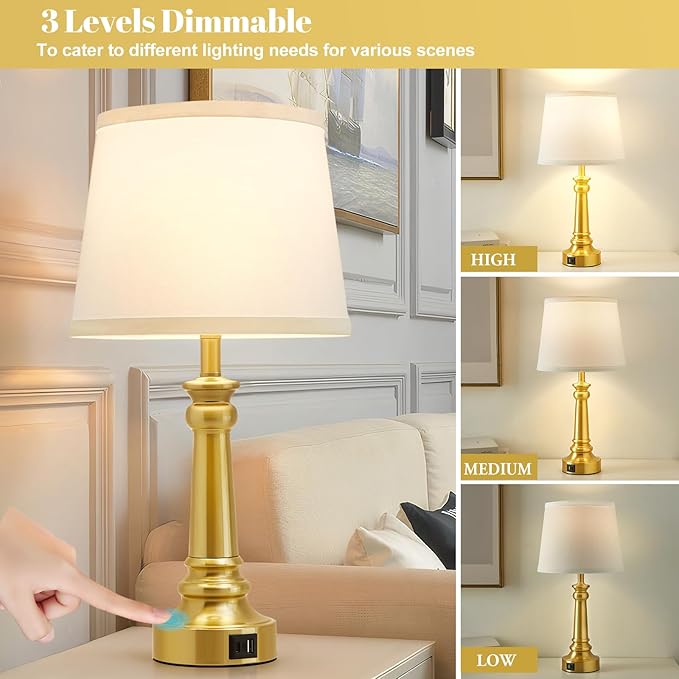 Touch Lamps for Nightstand Set of 2 - Gold Table Lamp for Bedroom 3 Way Dimmable Bedside Lamps with USB C+A Ports - Lamps for Night Stands Living Room End Table,2 LED Bulbs Included