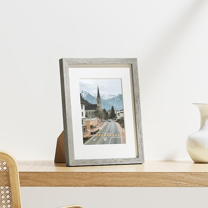 Vittanly 8.5x11 Picture Frames Set of 9, Shatter Resistant Plexiglass, Display 6x8 Pictures with Mat or 8.5x11 without Mat, Photo Frames for Wall or Tabletop, Engineered Wood, Grey