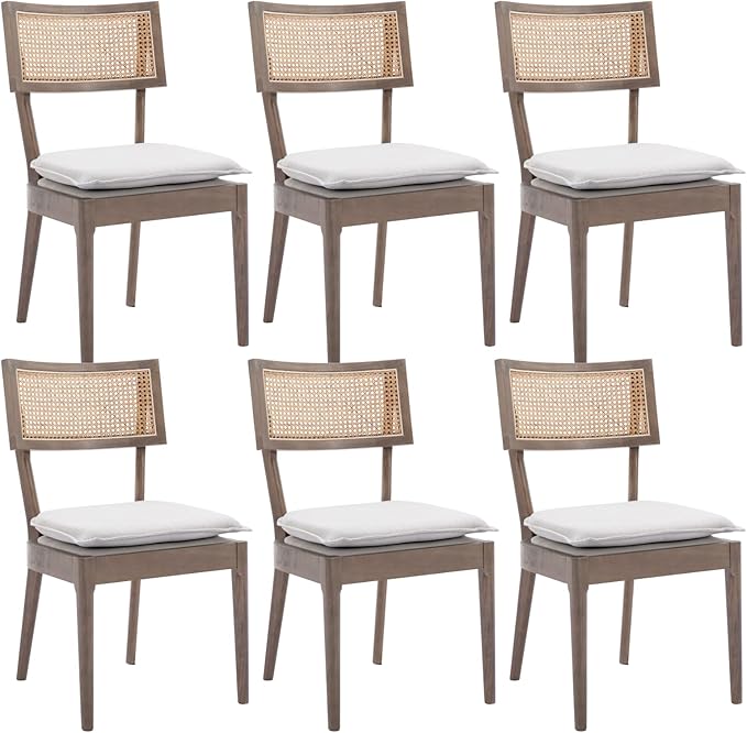 Rattan Dining Chairs Set Of 6 , Mid Century Modern Upholstered Cane Back Chairs with Removable Linen Cushion , Retro Farmhouse Natural Wooden Kitchen & Dining Room Chairs for Restaurant Living Room
