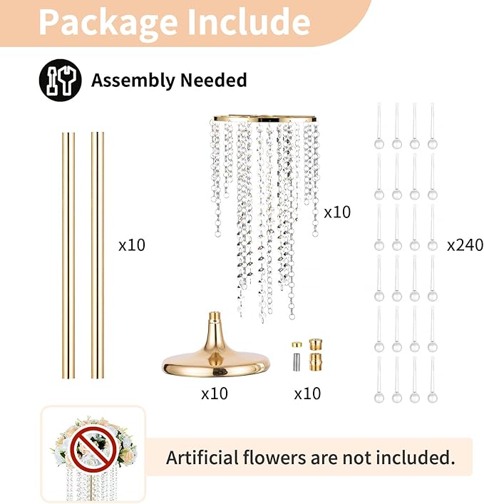 NUPTIO Gold Vases for Weddings - 10 Pcs 29.5in Tall Crystal Flower Stand Centerpieces