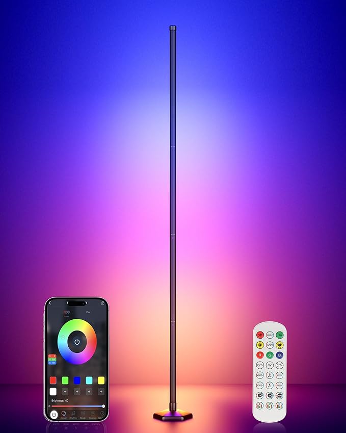 RGB Corner Floor Lamp, 65" Color Changing LED Corner Lamp with APP Control, Modern Standing Lamp with Music Sync and 16 Million DIY Colors, Heavy Base for Bedroom Living Room Gaming Room