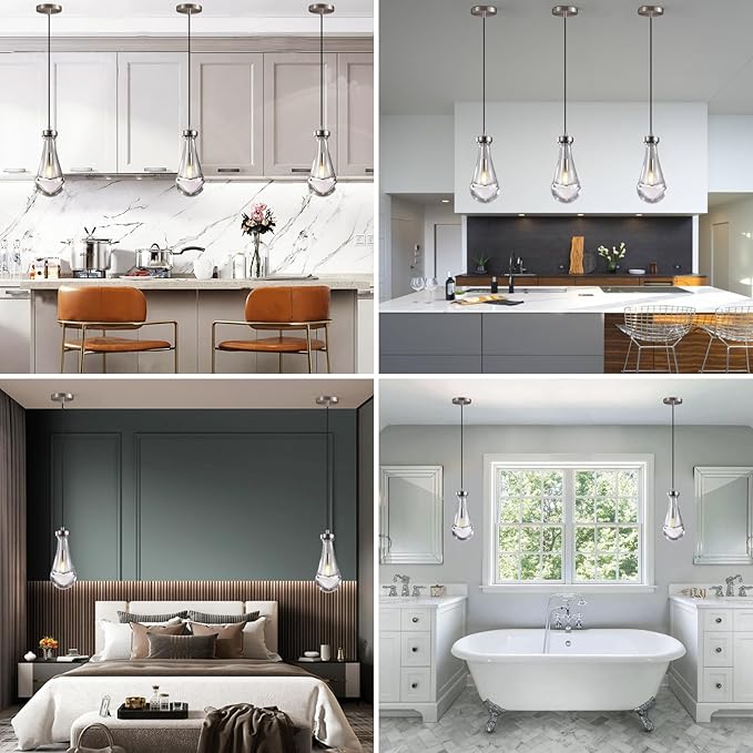 Raindrop Pendant Light Set of 3, Brushing Nickel Pendant Lights for Kitchen Island, Ceiling Hanging Pendant Fixtures, Interior Lighting for Kitchen, Bedroom, Bathroom