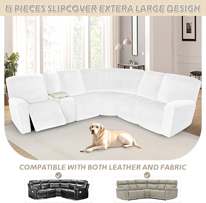 Arfntevss Sectional Recliner Couch Covers Velvet Washable Corner Sectional Sofa Cover for Reclining Stretch Soft Thick L Shape Recliner Slipcover Set (5 Seat with 1 Console Cover, Plain White)