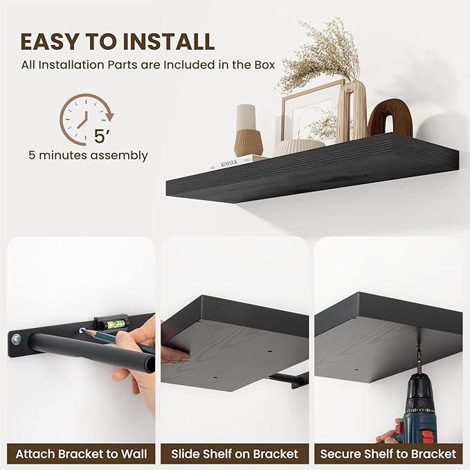 Fun Memories Black Floating Shelves for Wall - 10 x 16 Floating Shelf - Rustic Wood Storage Shelf - Wall Shelves with Invisible Bracket - 16" Bookshelves for Living Room & Bedroom - Black - Set of 2