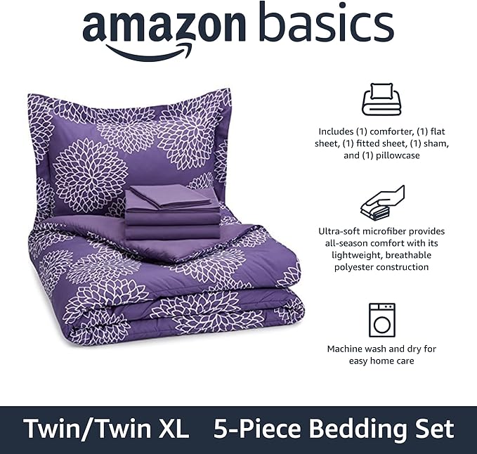 Amazon Basics Twin/Twin XL Comforter Set with Sheets, 5-Piece Purple Floral Bedding, Lightweight Microfiber Bed-in-a-Bag