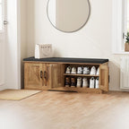 2-Tier Storage Bench, Shoe Bench with Padded Seat Cushion, Entryway Bench with 4 Barn Doors, Adjustable Shelf, 13.8" D x 47.2" W x 17.7" H, for Entryway, Living Room, Bedroom, Rustic Walnut