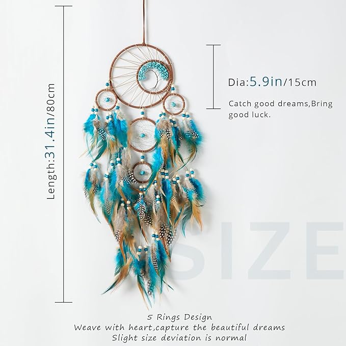 Pretty Jolly Brown Blue Feather Large Dream Catchers Wall Decor with Chakras Tree of Life Crystal Stone Ornament Handmade Dreamcatchers for Adult Boys Girls Bedroom Party Birthday Bless Gift-5Rings