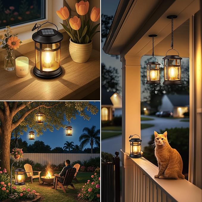 Solar Lanterns Outdoor Waterproof: 2 Pack Hanging Solar Lights for Outside Patio Porch Garden Tabletop Decor - Bright LED Warm White Solar Powered Lighting - 2025 Gardening Lovers Mom Gifts