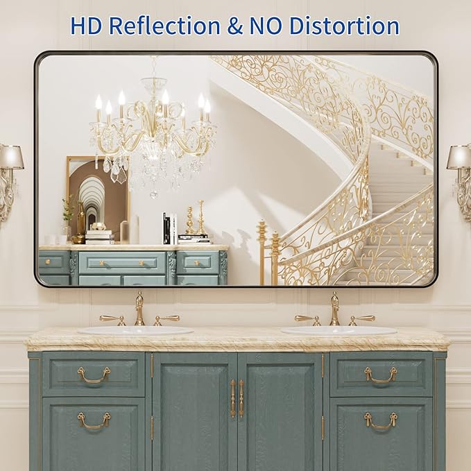 WEER 50X30 Inch Black Metal Framed Bathroom Mirror, Black Bathroom Vanity Mirror Farmhouse, Rounded Rectangular Matte Black Wall Mirrors, Tempered Glass, Anti-Rust (Horizontal/Vertical)