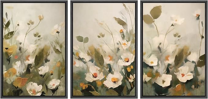 SIGNWIN Framed Canvas Print Wall Art Botanical Floral White Blossoms and Greenery Photography Modern Art Minimalist Black and White for Living Room, Bedroom, Office - 24"x36"x3 Black