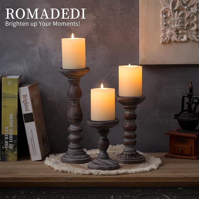 Candle Holder for Pillar Candles: Romadedi Set of 3 Decorative Wood Candlestick Holders, Rustic Wooden Candle Stand for Fireplace Mantle End Table Shelf in Farmhouse Style, Brown 6”, 8.3”, 12”
