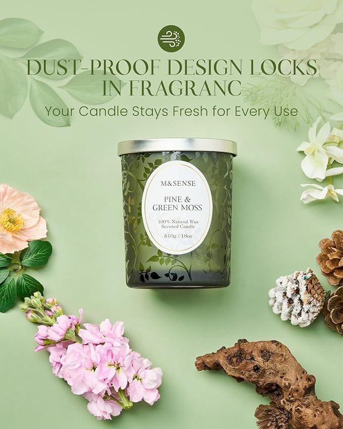 M&SENSE Pine & Moss Scented Candles, Natural Soy Wax 18oz 100 Hours Long Lasting Slow Burn, Cracking Wooden Wick Aromatherapy Candle for Women, Winter Holiday Christmas Gifts