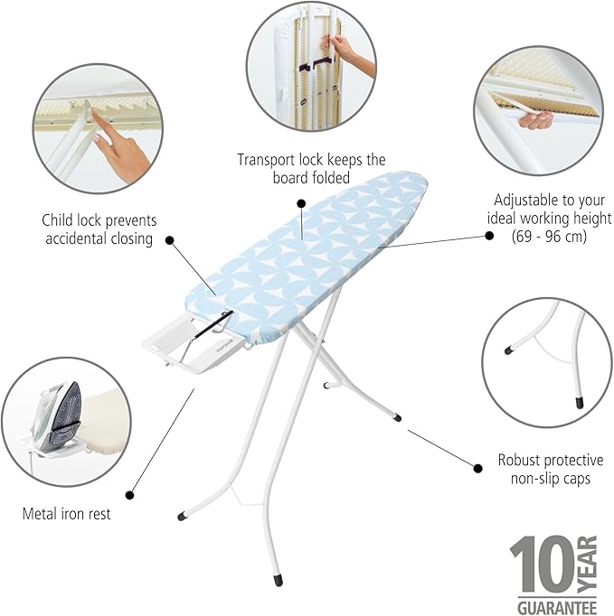 Brabantia Size A Compact Small Ironing Board (43x12 in) 7 Height Options, Adjustable Steam Iron Rest Holder (Fresh Breeze) Non-Slip Feet, Anti-Collapse Child Locks