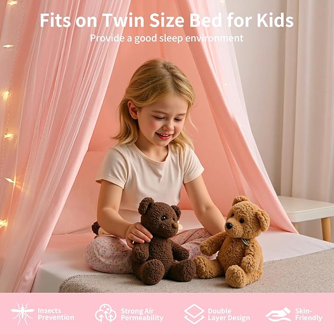 Bed Canopy with Star Lights, Double Layer Bed Canopy for Girls, Princess Canopy Bed Curtain for Twin Bed, Breathable Kids Dreamy Play Tent Room Castle Reading Nook, Machine Washable, 26''x125'' - Pink