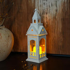 TRIROCKS Rustic Style Metal Candle Lantern 12'' High Decorative Outdoor Lantern Candle Holder with Tempered Glass House Shape for Home Living Room Garden Patio Parties Indoors Outdoors (White)