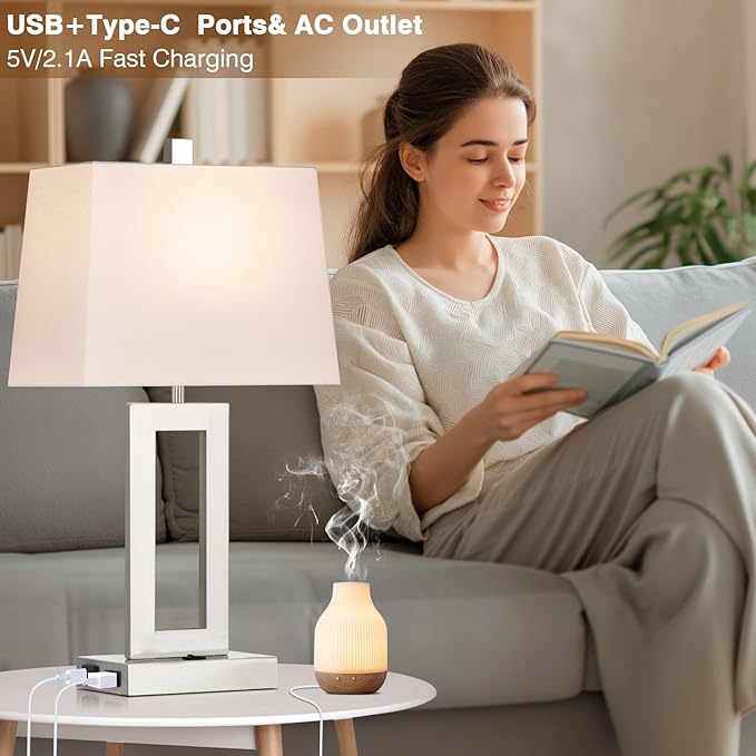 Table Lamp Set of 2 with USB C+A Ports & AC Outlet, Bedside Lamps, Modern Bedroom Lamps, Silver Lamps for Night Stands Bedroom Living Room,Nightstand Lamp