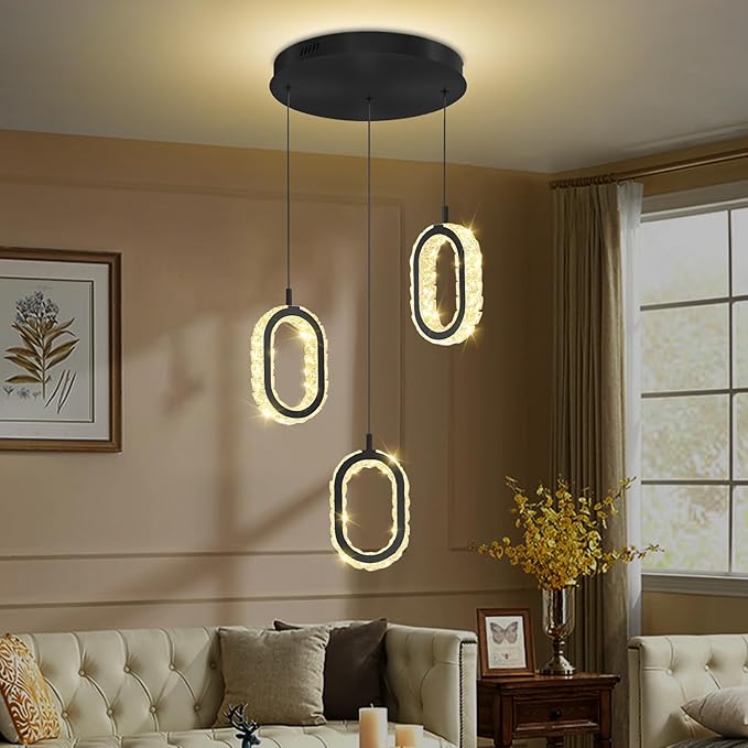 Dimmable Oval Pendant Light Modern LED Pendant Lights for Kitchen Island Adjustable Crystal Ring Chandelier for Dining Room Bedroom Living Room 3-Light Black