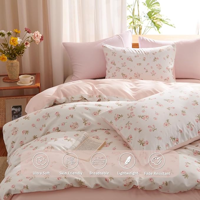 Floral Comforter Set Twin Size - 2 Pieces Pink White Floral Comforter Bedding Sets Reversible Pattern,Twin Bed in a Bag with Flowers Comforter and 1 Pillowcase