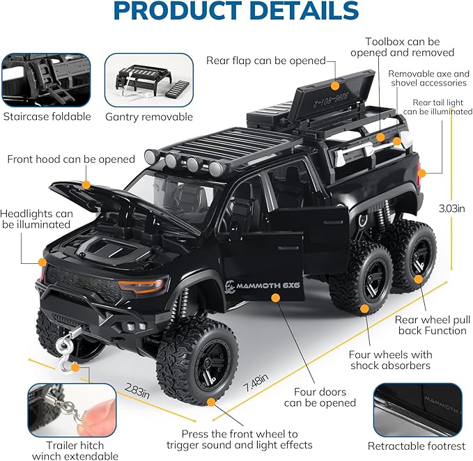 Toy Trucks for Boys 1/32 Diecast Trucks Mammoth Model Truck,Collectible Pickup Truck Model Kit,Pull Back Cars with Lights and Sounds,Toy Trucks for Boys Age 4-7（Black）