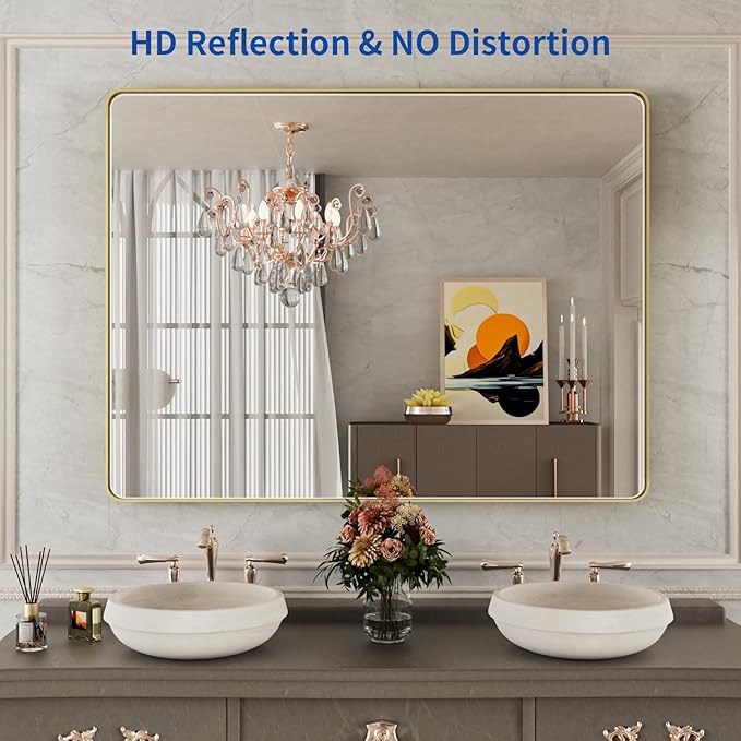 WEER Gold Bathroom Mirror, 48X36 Inch Brushed Gold Metal Frame Mirror, Rounded Rectangle Gold Bathroom Vanity Mirror for Wall, Tempered Glass, Anti-Rust, Hangs Horizontally or Vertically