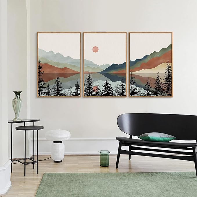 Tinonedraw Boho Mountain Framed Canvas Wall Art Set, Watercolor Nature Landscape Wall Decor, Black Pine Trees Forest Artwork, Neutral Modern Sunrise Art Prints for Living Room Bedroom Office 24"x36"x3