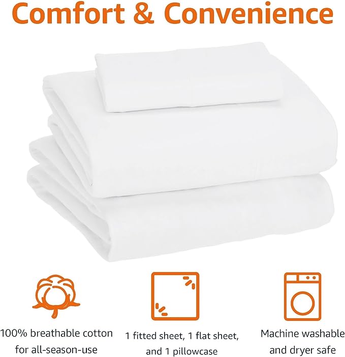Amazon Basics 3 Piece Bed Sheets Set, 100% Cotton Jersey, Includes Super Soft, Flat and Fitted Sheets, Pillowcase, Toddler, White, Solid