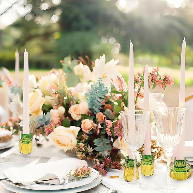 Double Sided Vintage Ribbed Taper Glass Candle Holders,Tea Candle Holder for Table Centerpieces, Wedding Decorations and Dinner Parties (Yellow Green, 6 PCS)