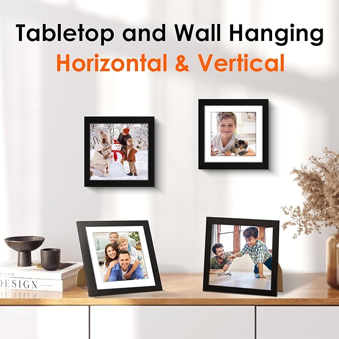 FIXSMITH 6x6 Picture Frame Set of 4, Photo Frame with HD Plexiglass, Display Pictures 4x4 with Mat or 6x6 Without Mat Multi Picture Frames Collage for Tabletop or Wall Display, Black