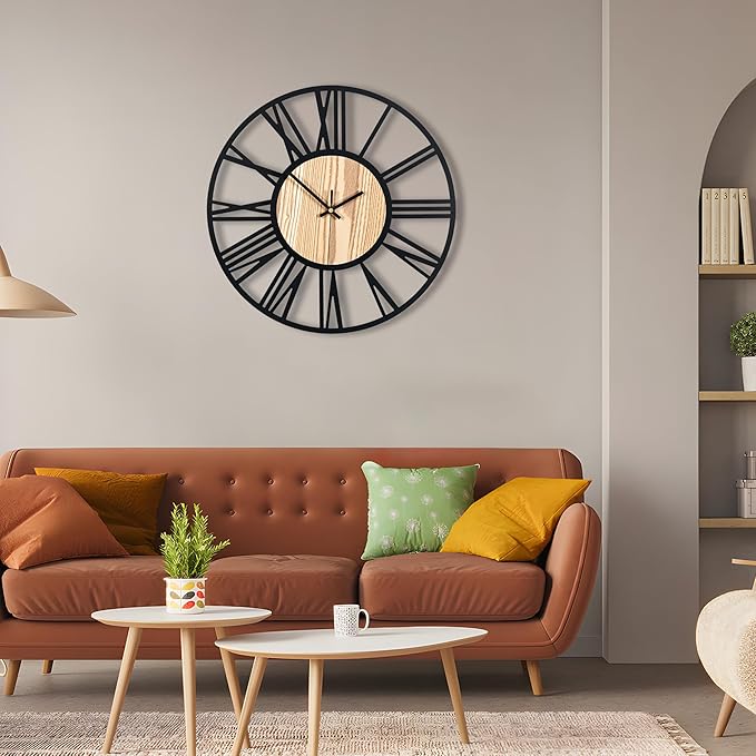 16inch/40cm Wall Clock for Bedroom Living Room Battery Operated Metal Decorative Analog Silent Analog Non Ticking Clocks Room Wall Decor (Wooden Roman Numerals, 16 inches)
