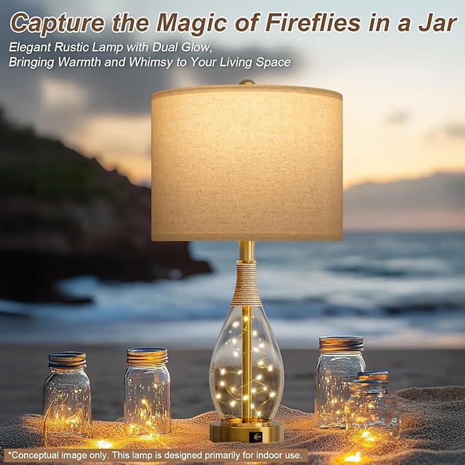 OYEARS 23" Table Lamps for Living Room Set of 2 Bedside Lamps for Night Stands Bedroom Lamps Farmhouse Rattan Boho Lamp Glass Nightlight End Table Lamp with USB C+A (Gold),Two Light Points