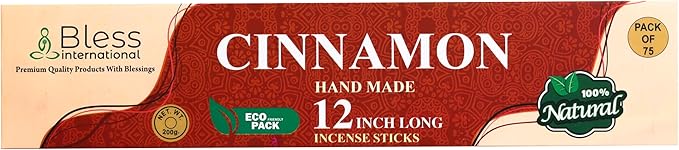 Bless-International-Cinnamon 100%-Natural-Handmade-Incense-Sticks Organic-Chemicals-Free-for-Relaxation-Positivity-Yoga-Meditation 12-Inches-1-Hour-Plus-Burning-Time-75-Sticks-7-OZ